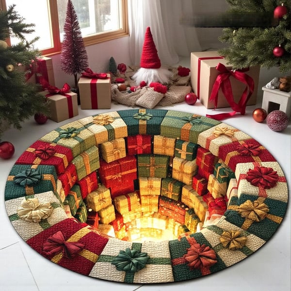 ๐3D Christmas Gnome Optical Illusion Round Rug | Fun Festive Home Decor MustโHaveโญ๐ ๐