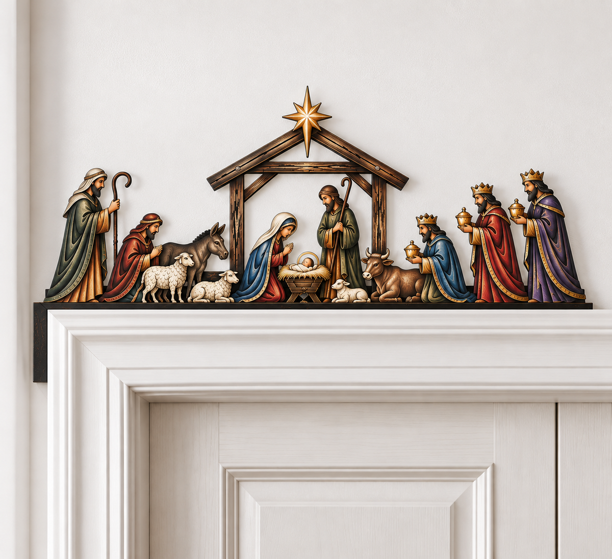 Nativity topper positioned along the top edge of white door trim