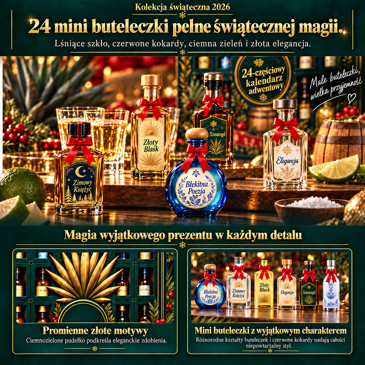BILLHOL® 🎄 Ekskluzywny kalendarz adwentowy – 24 dni, 24 mini buteleczki w stylu tequili i 24 wyjątkowe świąteczne niespodzianki! 🥃✨